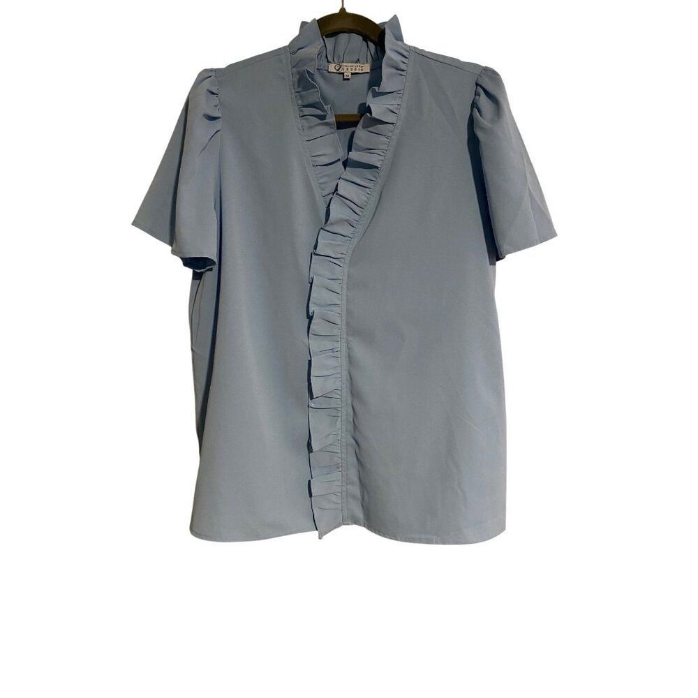 Cezele Womens M Blouse Light Blue Ruffled Short Sleeve Preppy Pullover City Chic